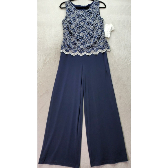Connected Apparel Jumpsuit Women's Petite 8 Navy Lace Floral Sleeveless Back Zip - Picture 1 of 6